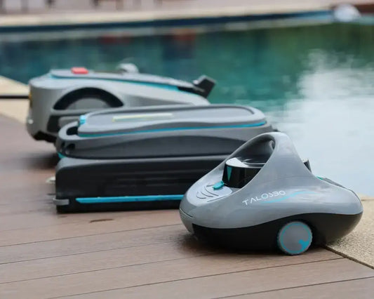 talosbo's pool robot, skimmer, smart mower displayed on the poolside deck