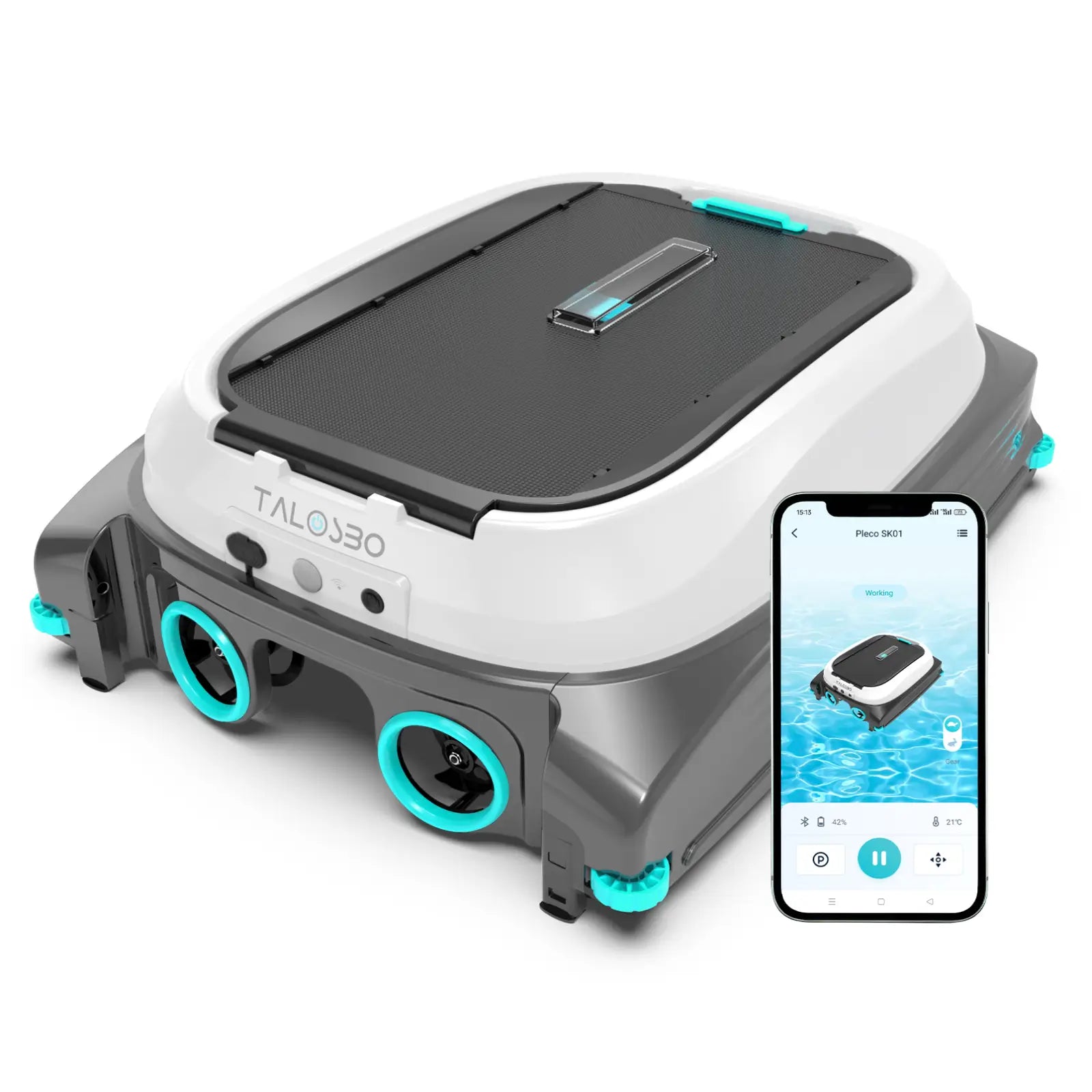 Robotic pool skimmer cleaner with smartphone app interface on a white background
