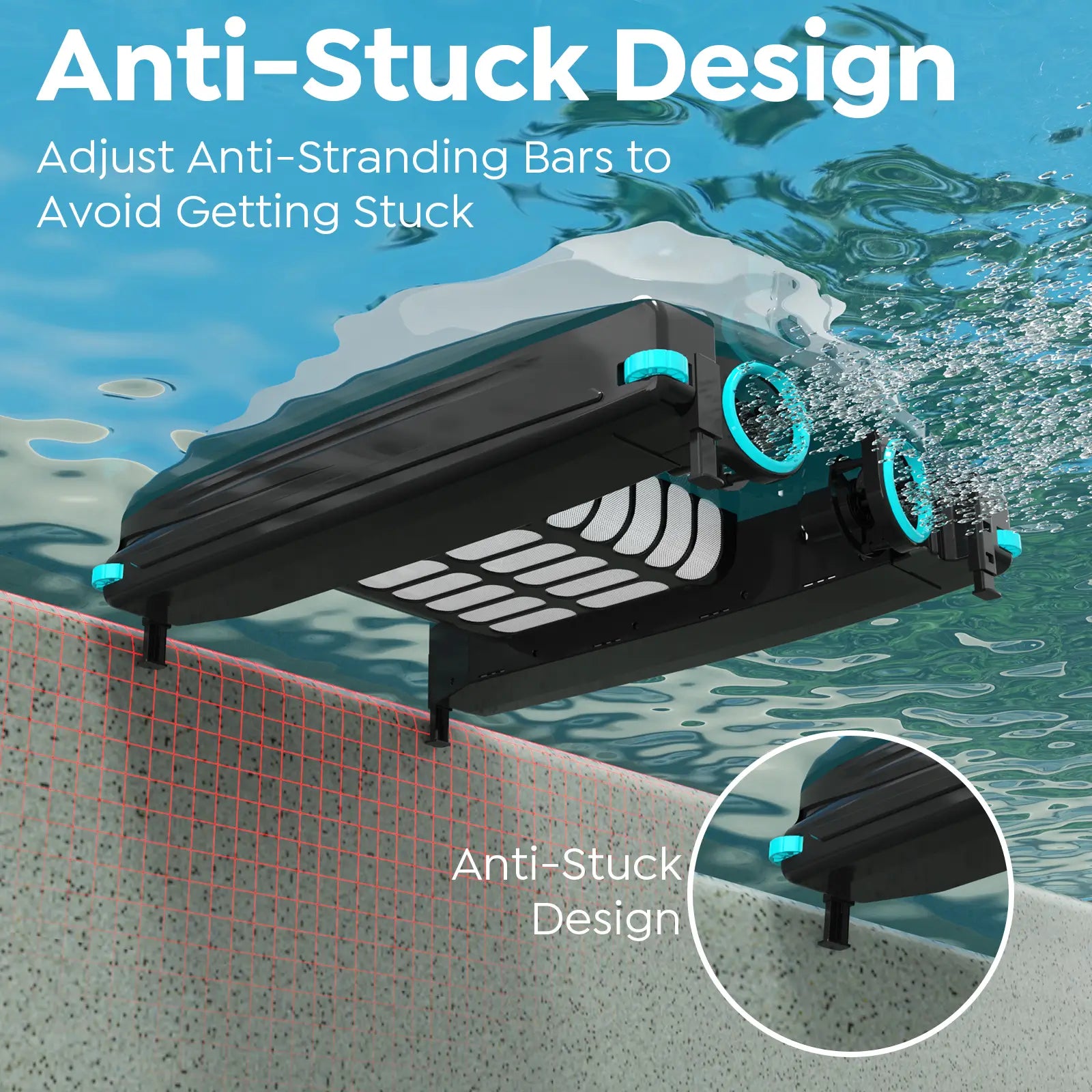 Pool cleaning skimmer with anti-stuck design feature in an underwater setting