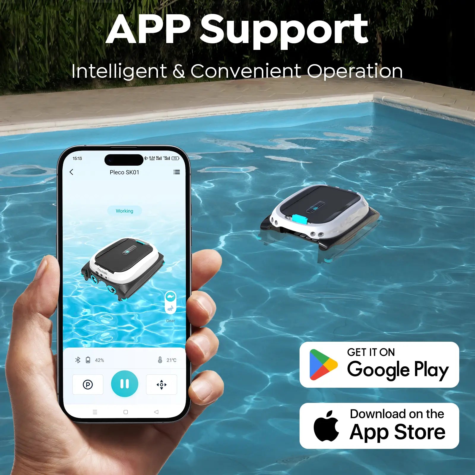 Robotic pool skimmer in action with smartphone app control over a pool.