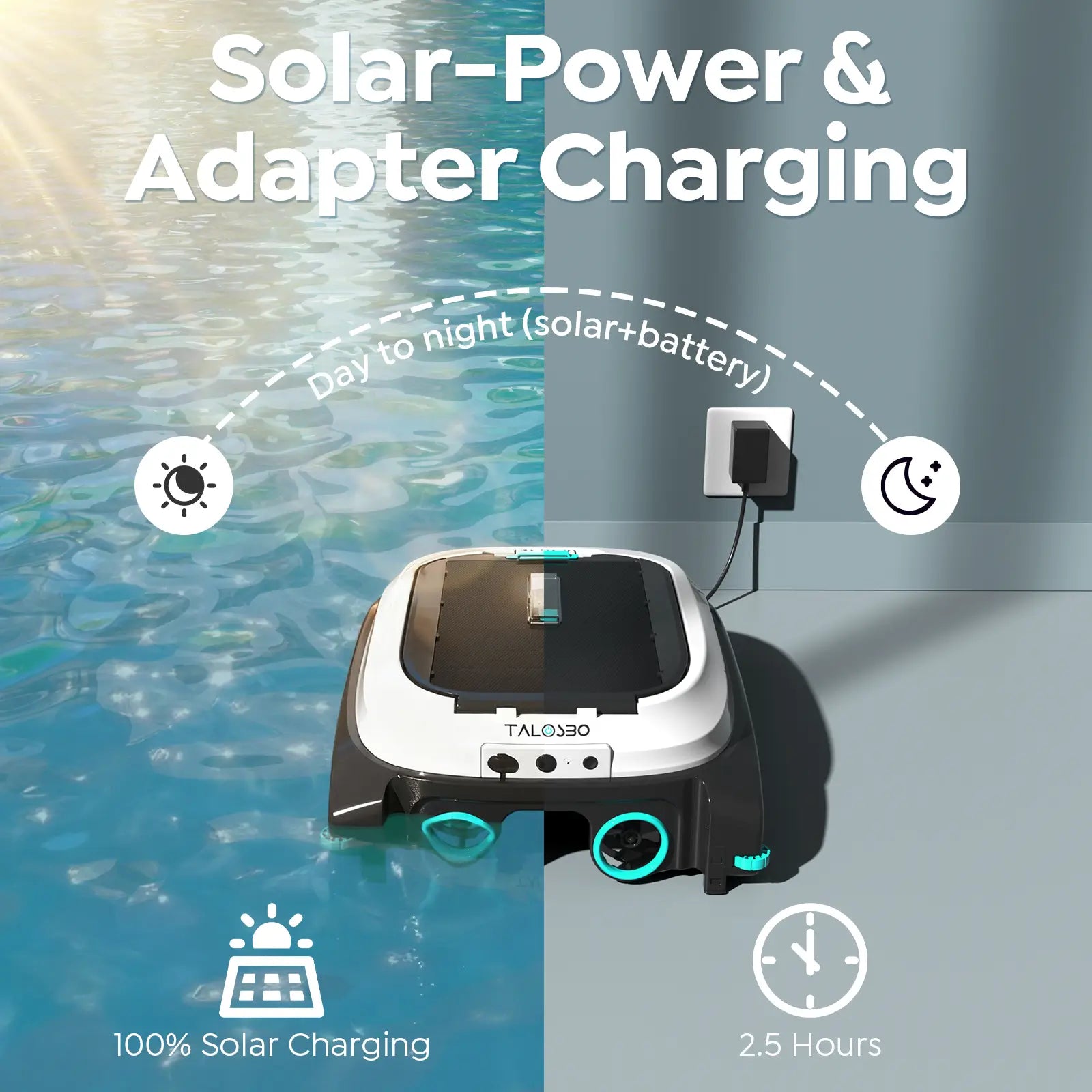 Robotic pool skimmer cleaner with solar panel and adapter charging features on a split background.