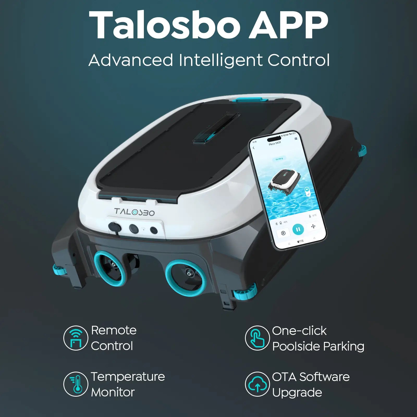 Robotic pool skimmer cleaner with smartphone app on a dark background, featuring Talosbo APP branding.