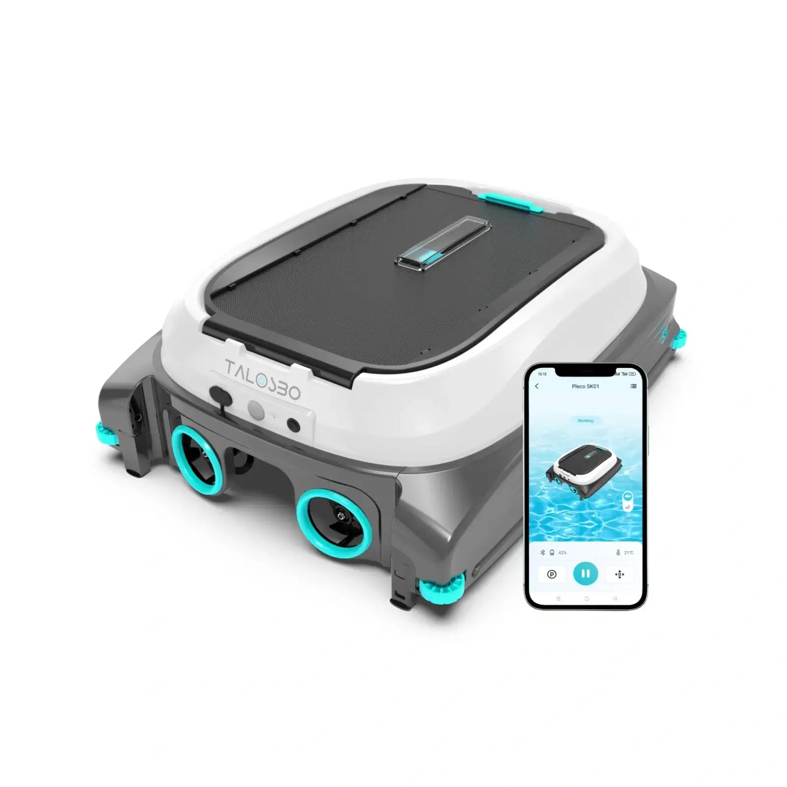 Robotic pool cleaner with smartphone app interface on a white background