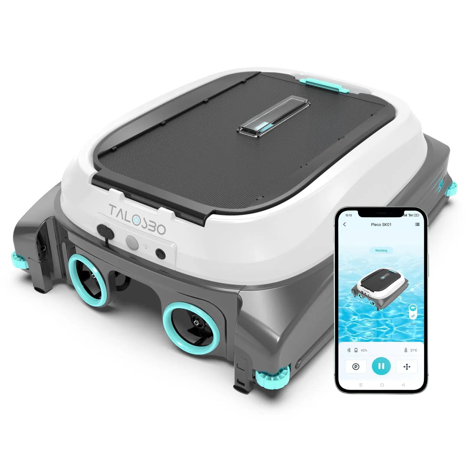 Robotic pool skimmer cleaner with smartphone app interface on a white background
