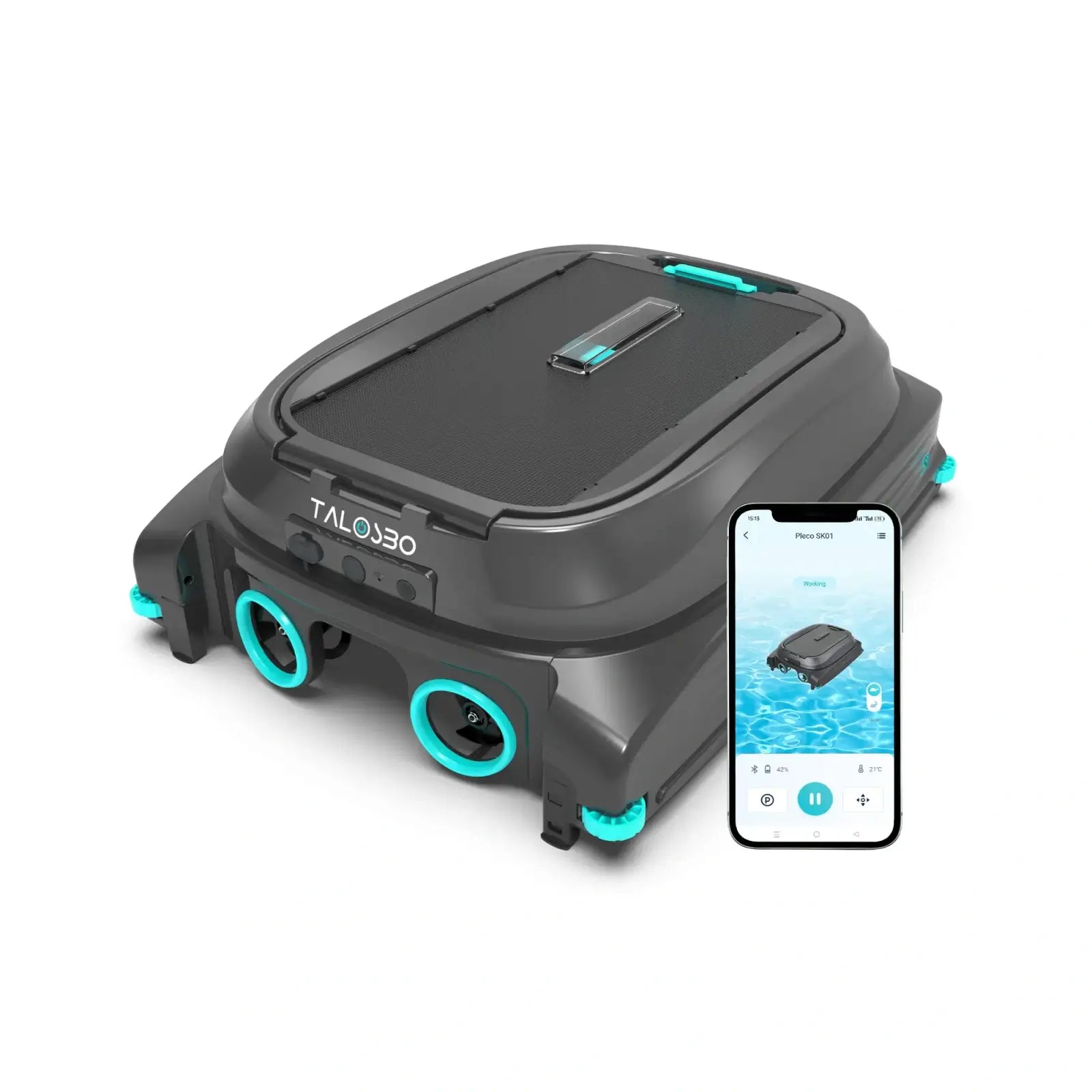 Robotic pool cleaner with smartphone app on a white background