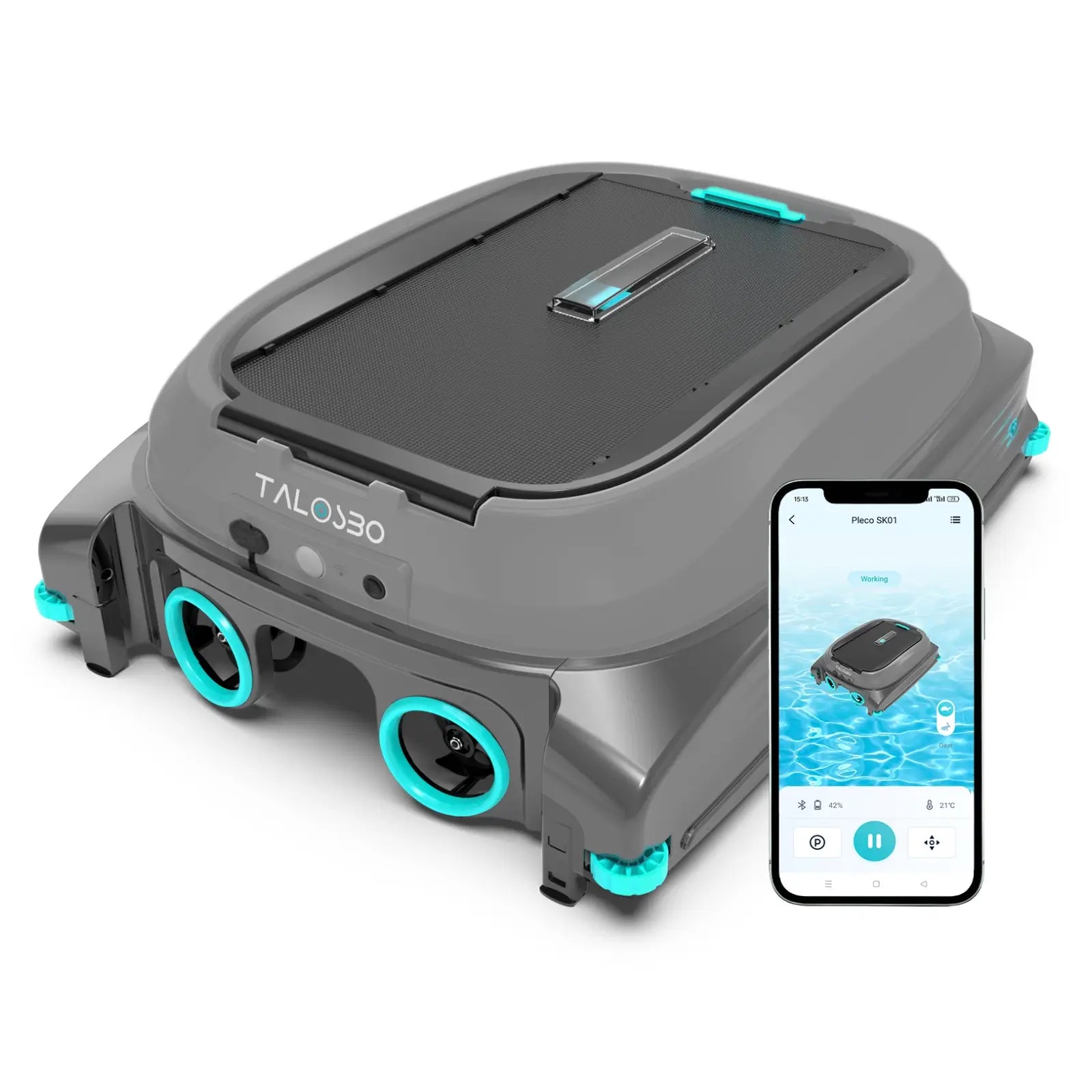 Robotic pool skimmer cleaner with smartphone app interface on a white background