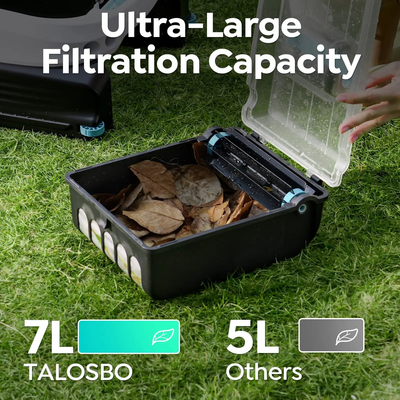 Garden waste bin with filtration capacity feature on grass pool skimmer