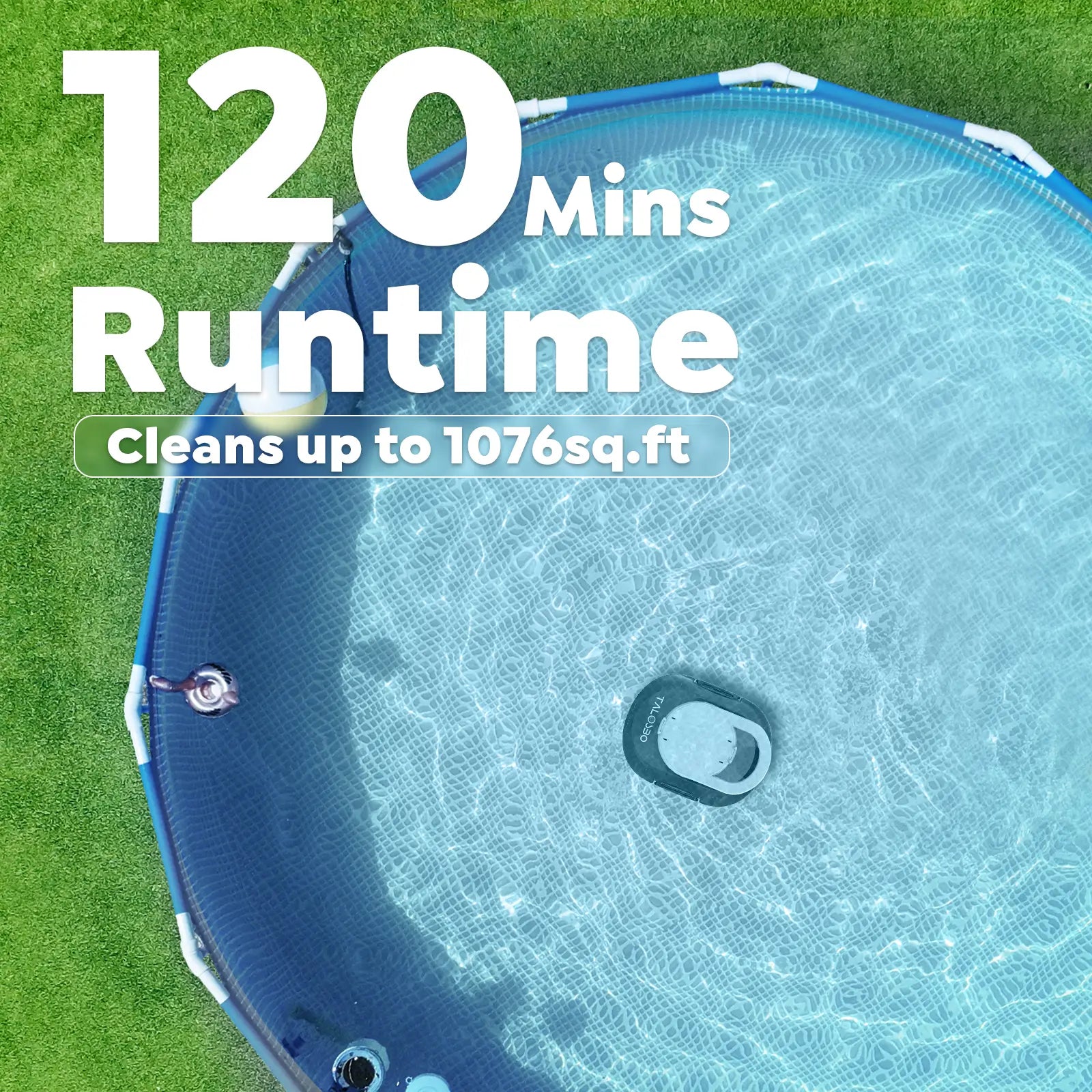 Pool cover with text indicating runtime and area coverage on a grass background