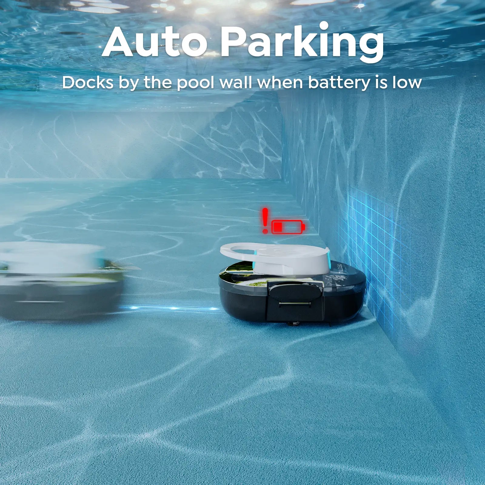Robotic pool cleaner in action with text about auto parking feature.