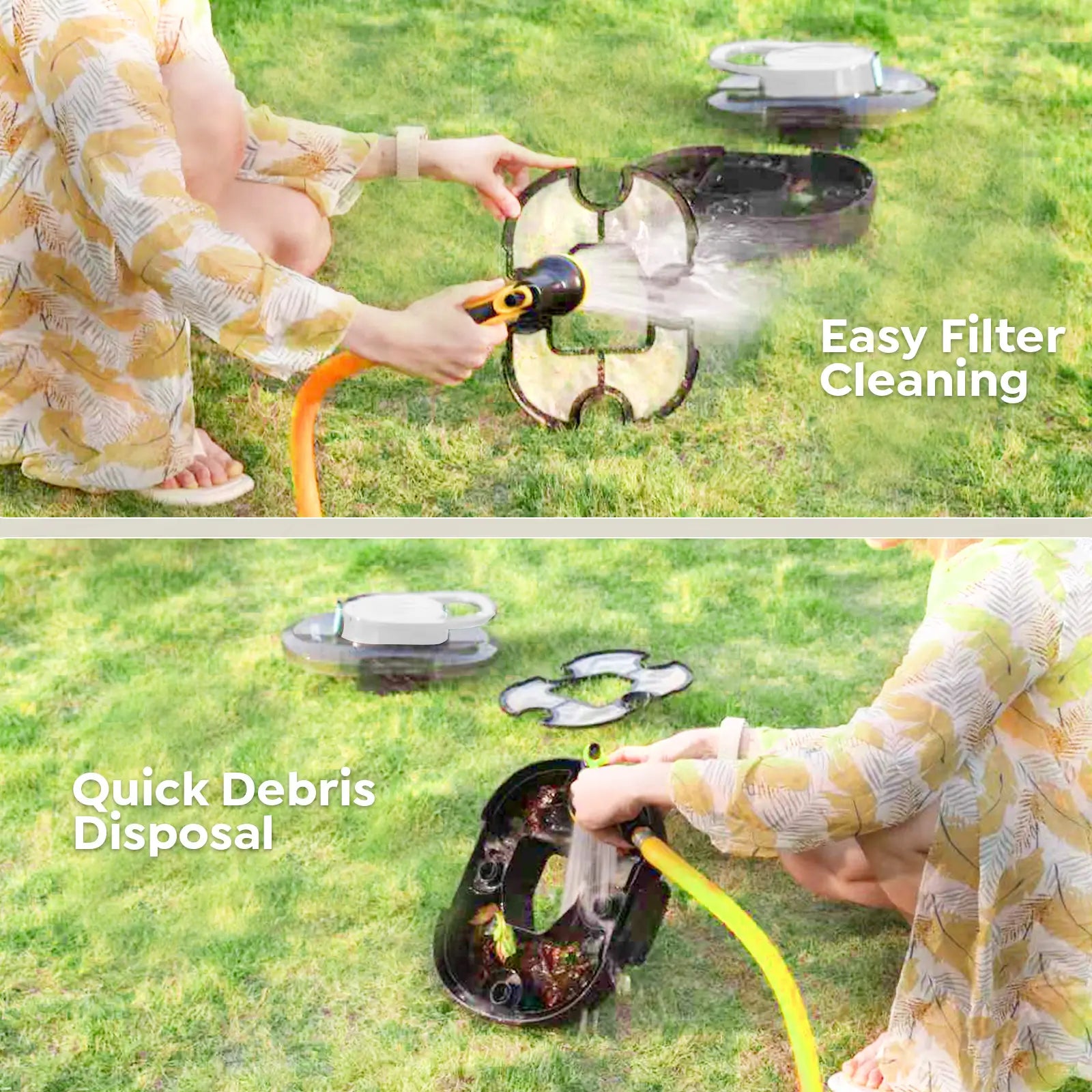 Person using a garden tool with a filter cleaning mechanism on grass.