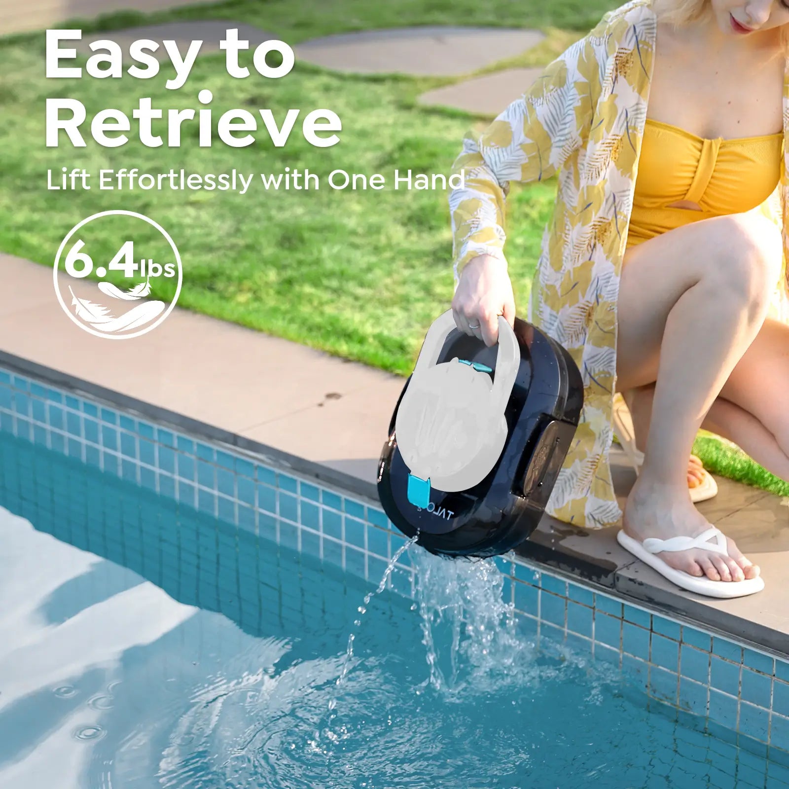 Person using a pool cleaning device by a pool with text highlighting ease of use.