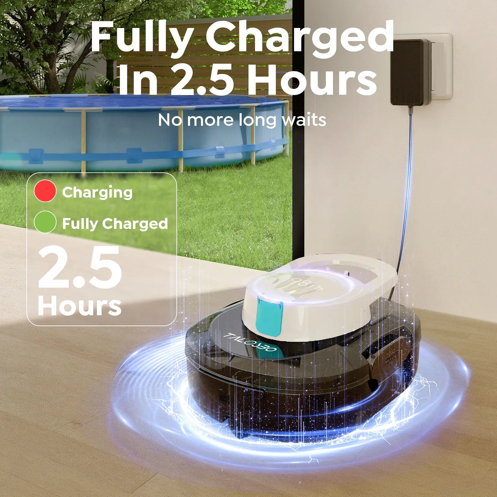 Robotic vacuum cleaner with charging station and text indicating charging time, outdoor setting.