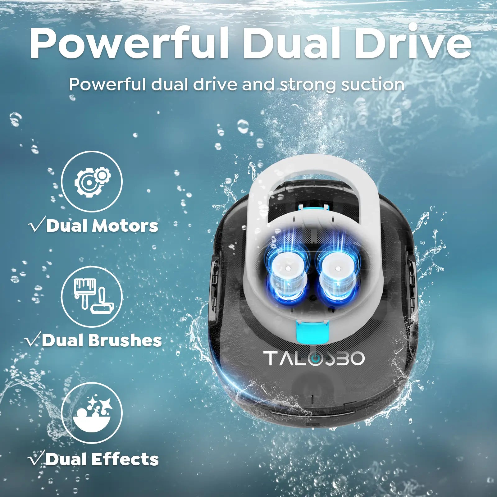 Robotic vacuum cleaner with dual motors and brushes on a water-themed background, featuring the brand 'Taloseo'.