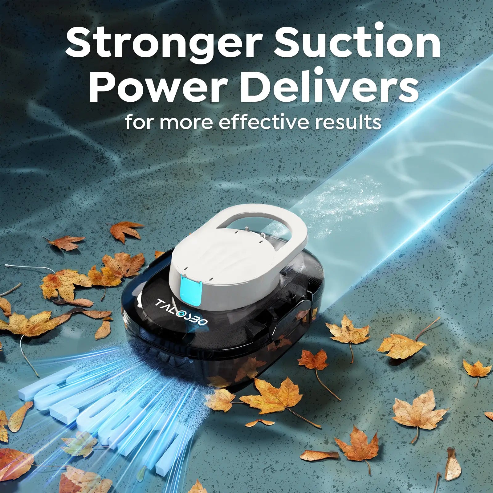 Robotic vacuum cleaner with suction power feature on a wet surface with leaves, Tadevso brand visible.