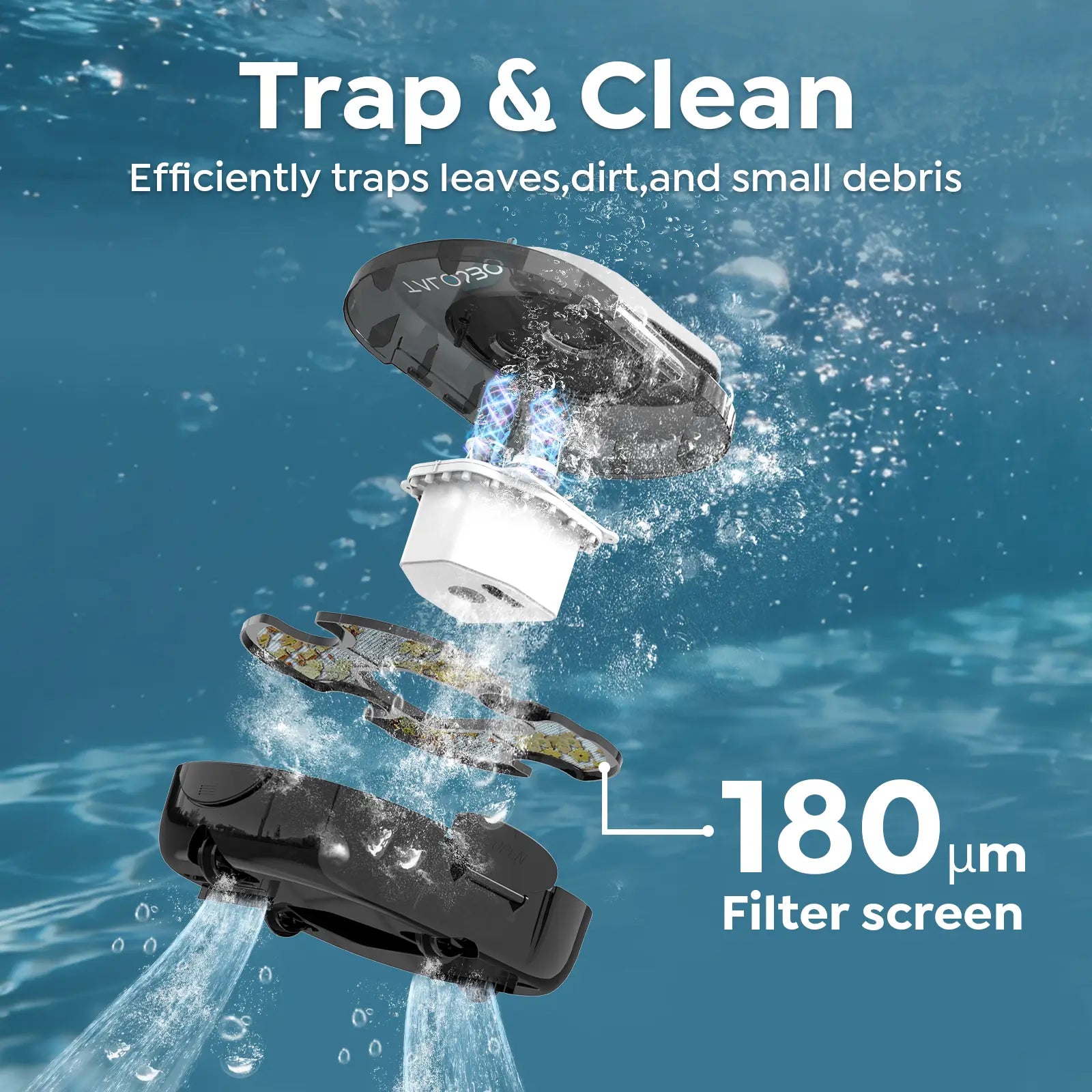 Robotic device with filter screen on a blue water background, highlighting filtration features.