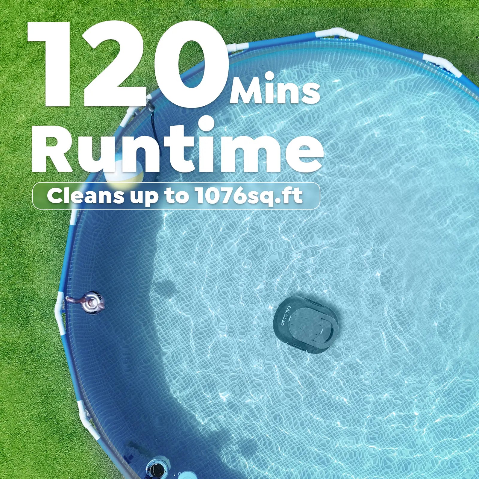 Pool cover with a pool cleaning robot on grass, showing 120 minutes runtime and area coverage.