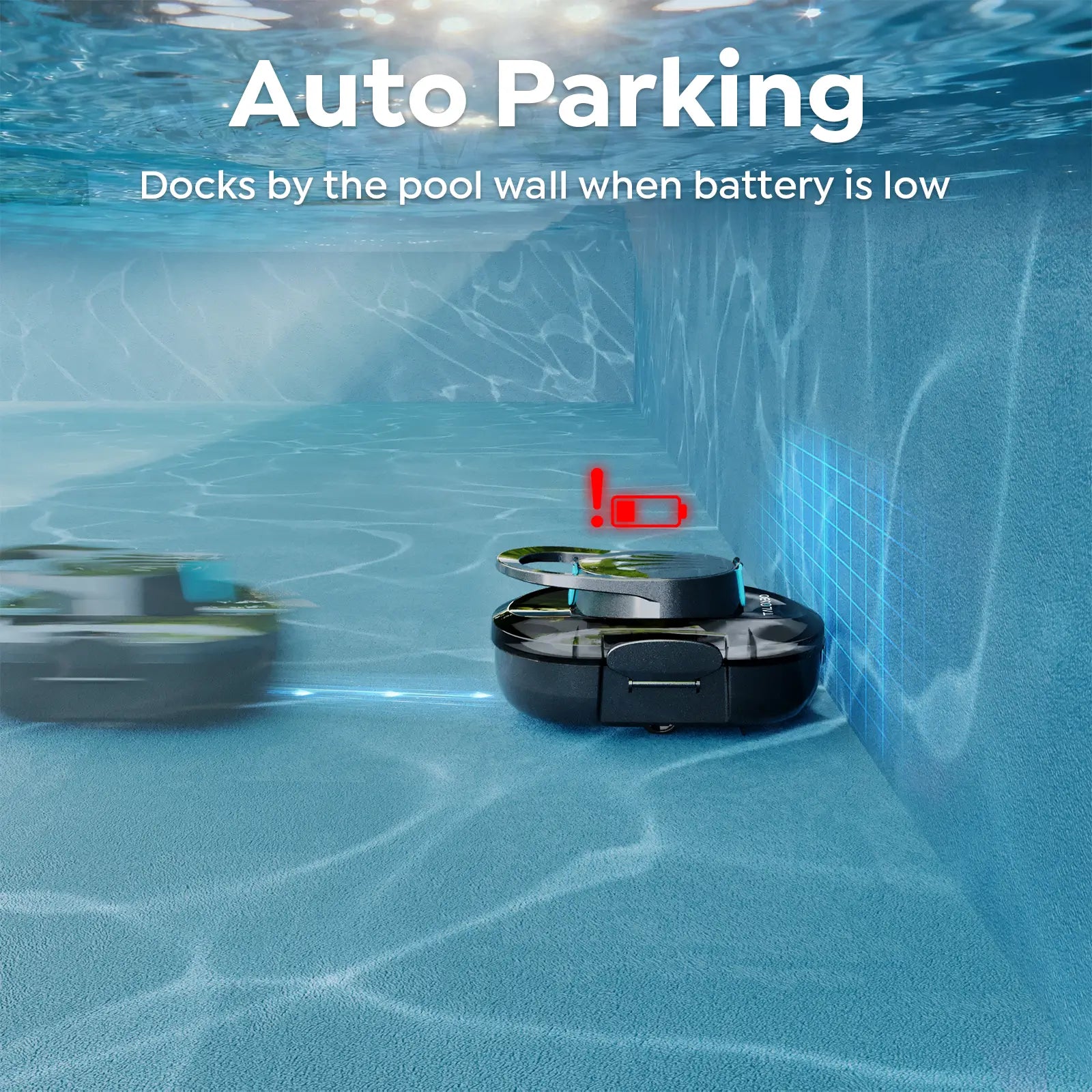 Robotic pool cleaner in action with text about auto parking feature.