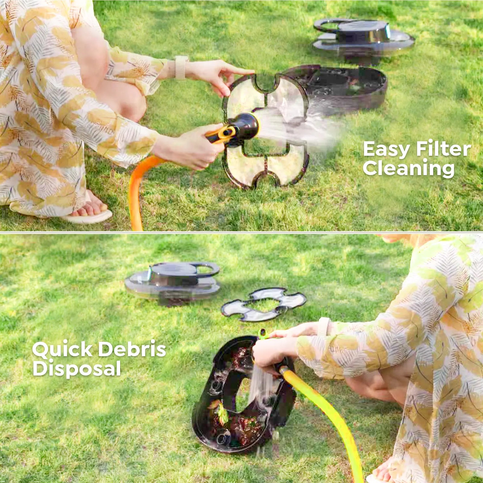 Person using a garden tool with a filter cleaning mechanism and debris disposal feature on grass.