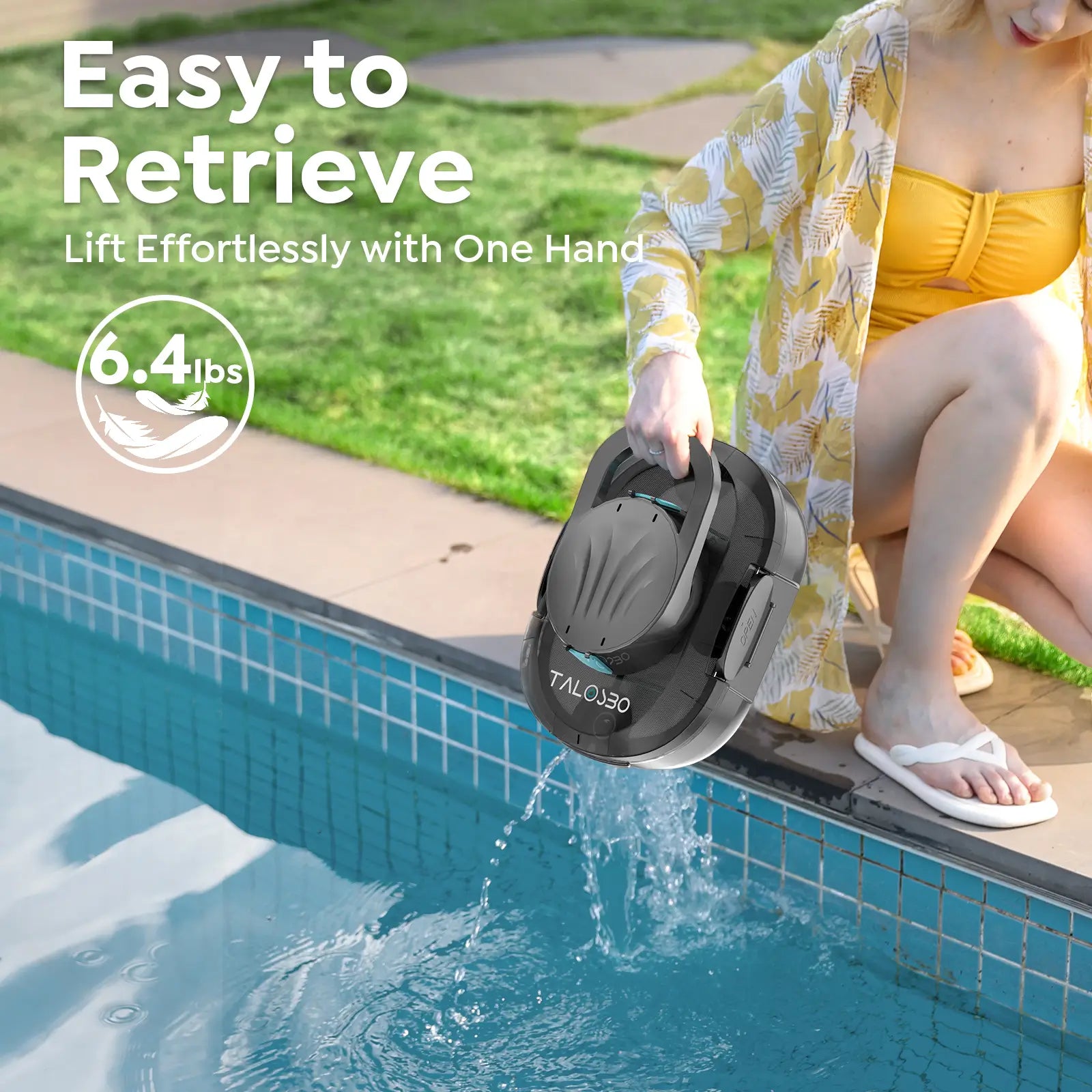 Person lifting a pool vacuum with text about ease of retrieval and weight.