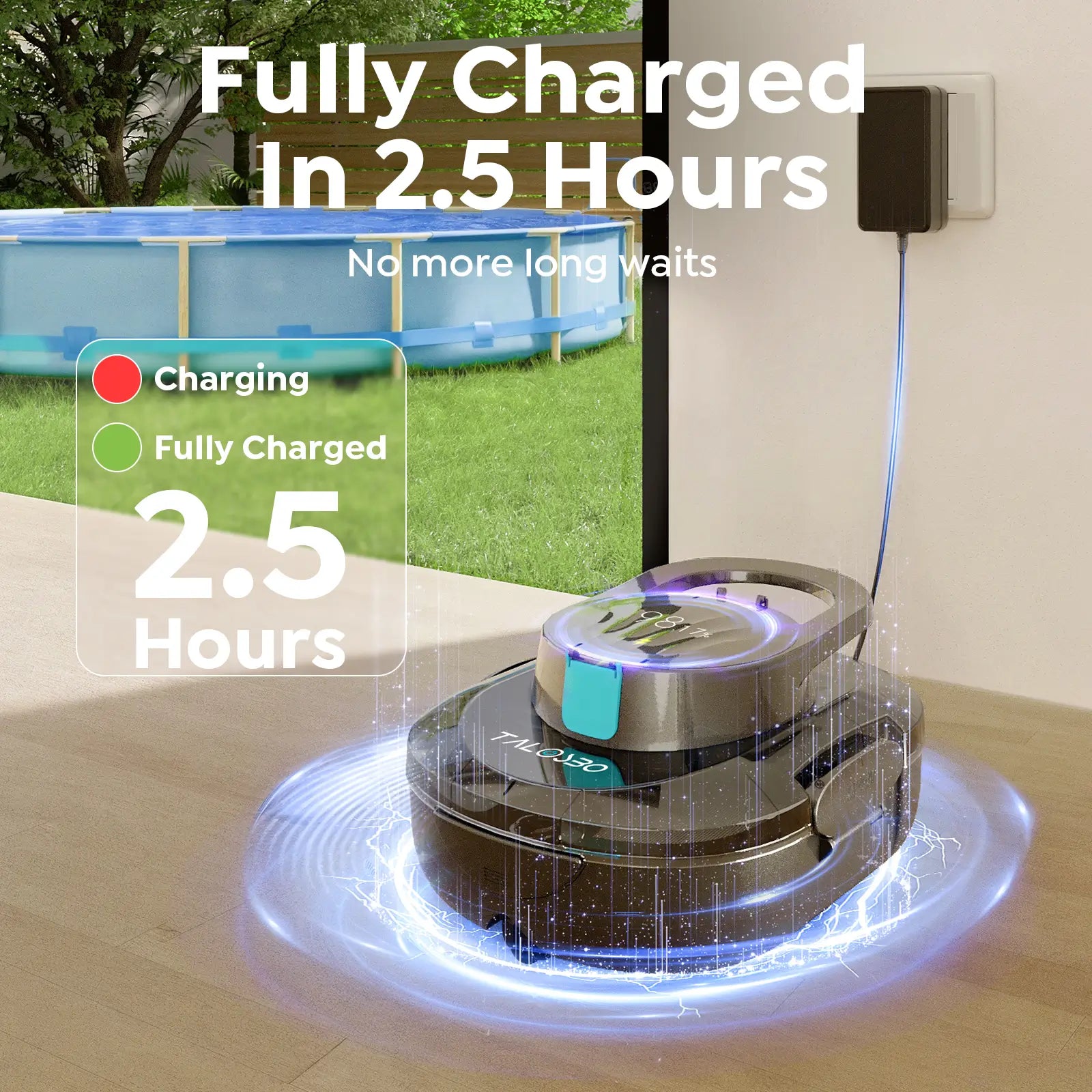 Robotic pool cleaner charging on a dock with text indicating charging time and pool in the background.