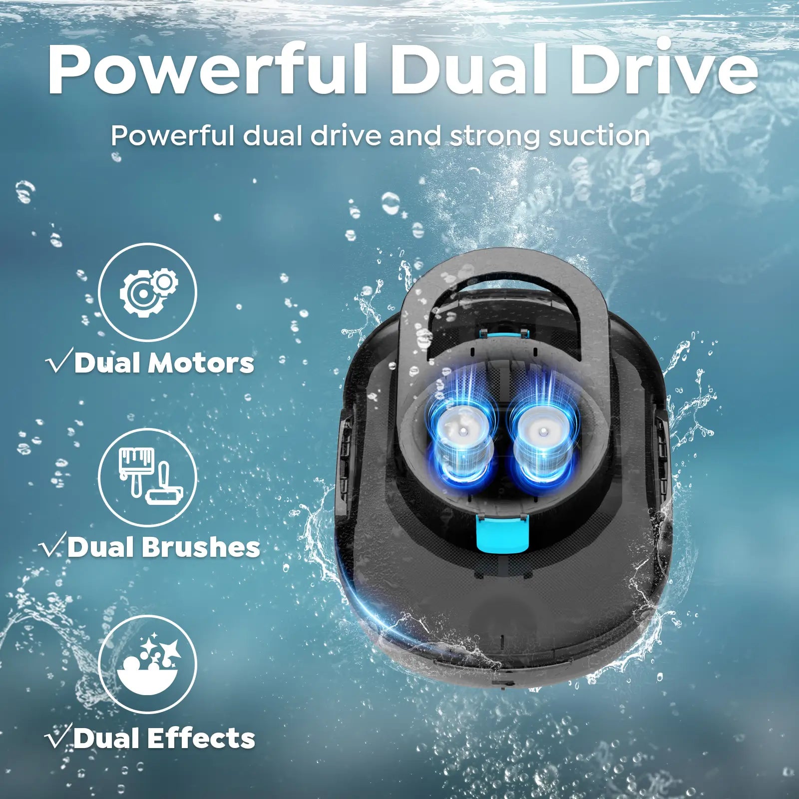 Robotic vacuum cleaner with dual motors and brushes on a water-themed background