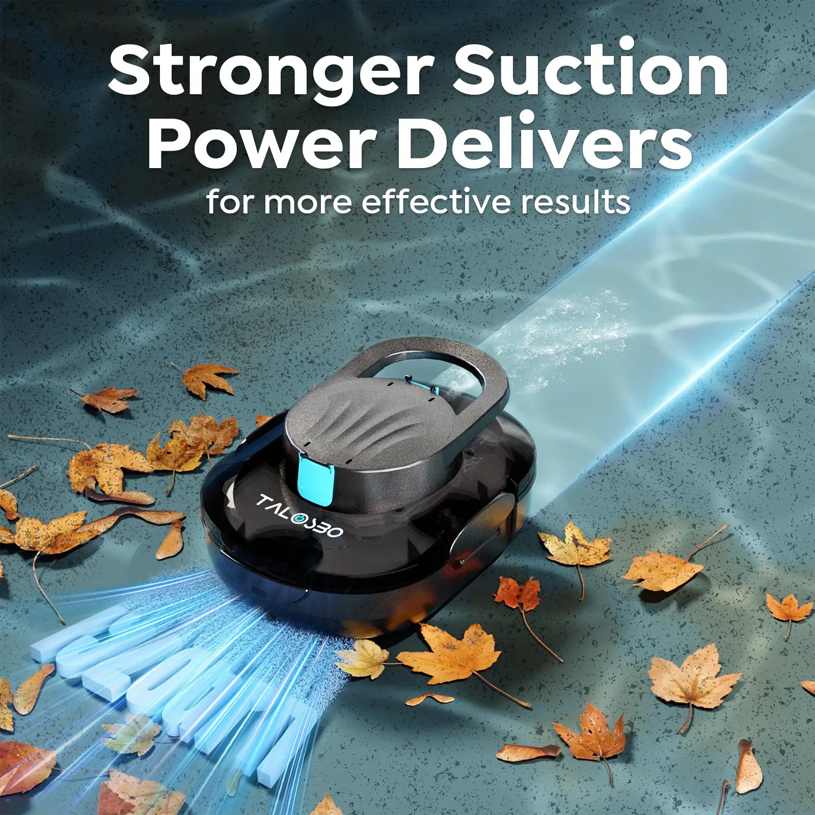 Robotic vacuum cleaner with leaves on a textured surface, highlighting suction power.