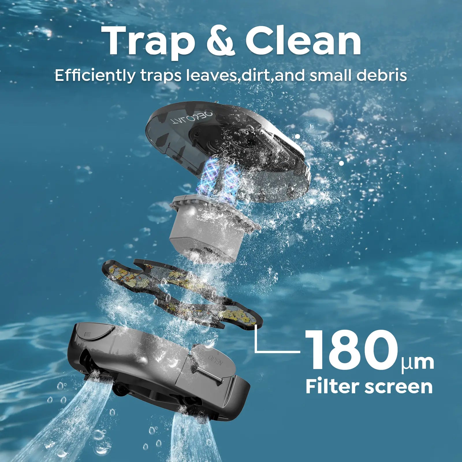 Robotic device with filter screen on a blue water background, highlighting filtration capabilities.