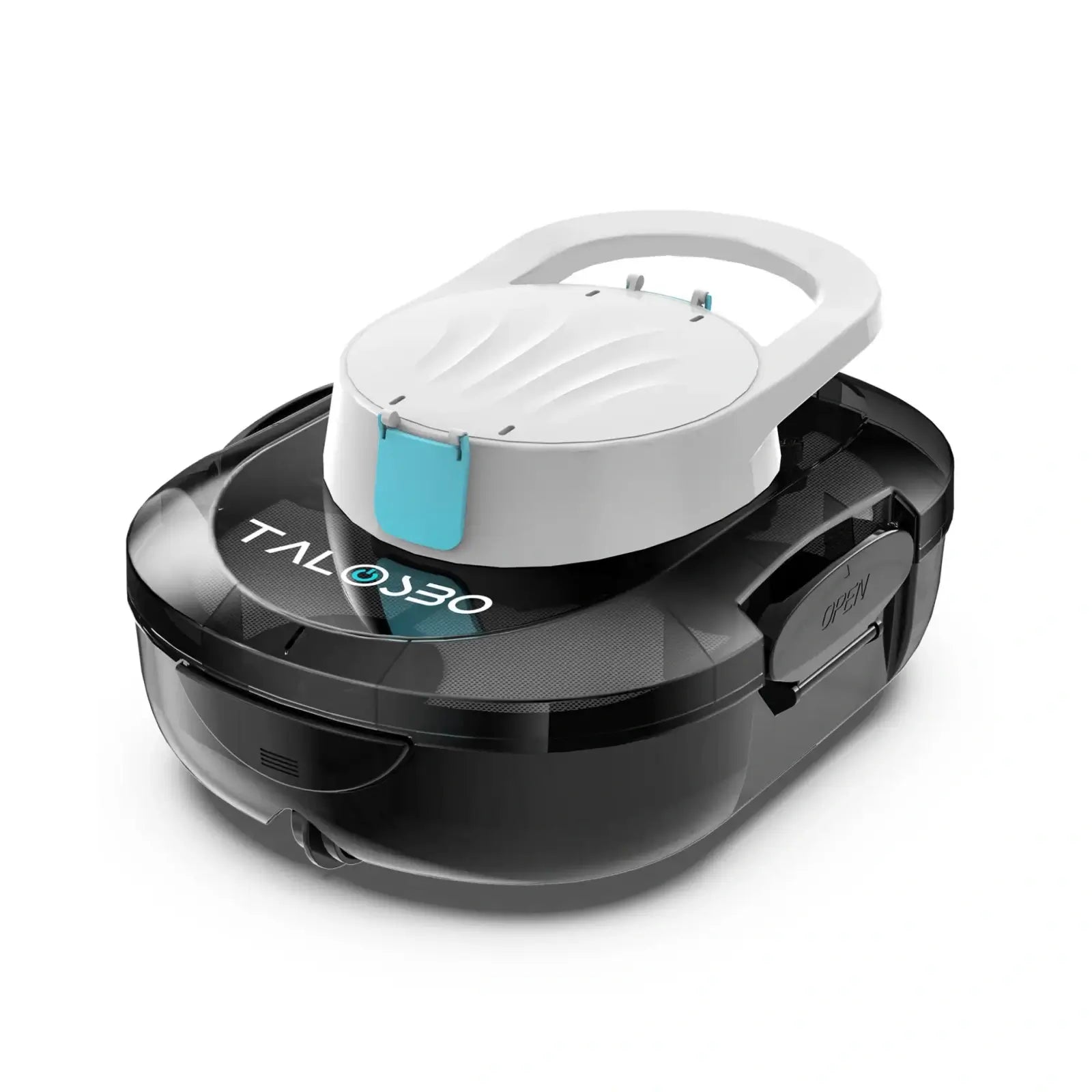 Black and white pool cleaner with 'Talosbo' branding on a white background