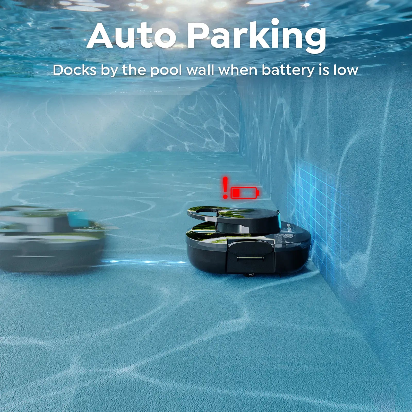 Robotic pool cleaner in action with text indicating auto-parking feature.