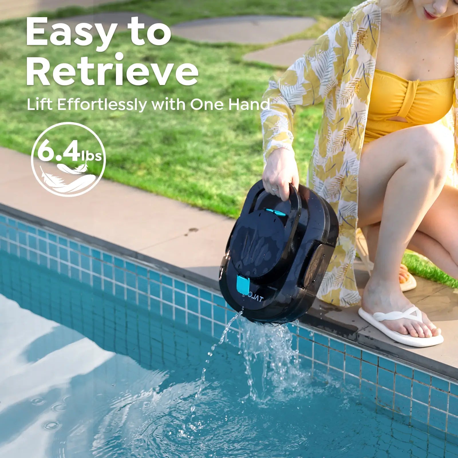 Person lifting a black pool cleaning device with text about ease of retrieval and weight.
