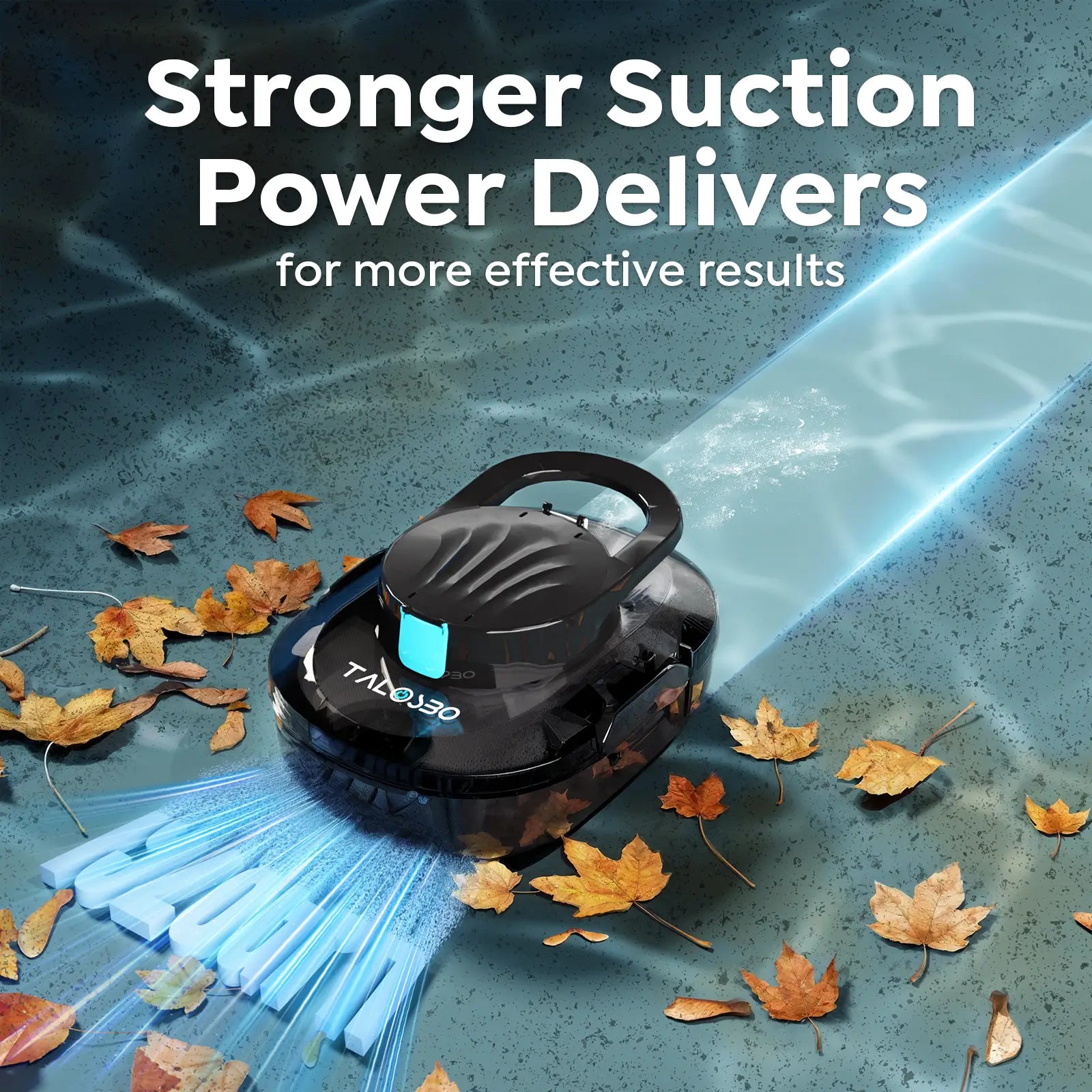 Robotic leaf blower with 'Talosbo' branding on a surface with leaves, highlighting 'Stronger Suction Power'.