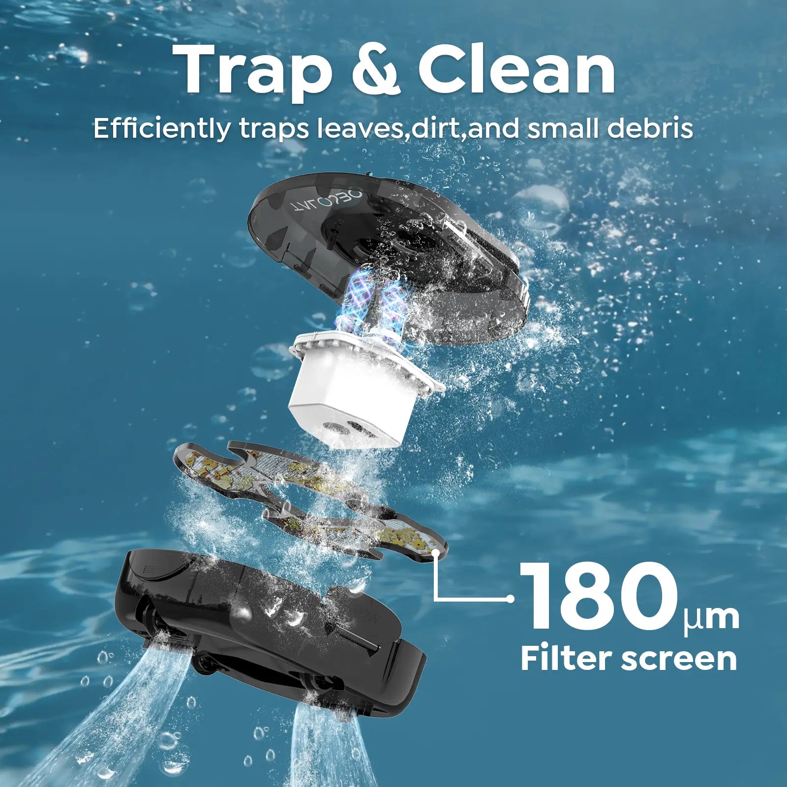 pool cleaner device with filter screen on a blue water background, showing filtration process.