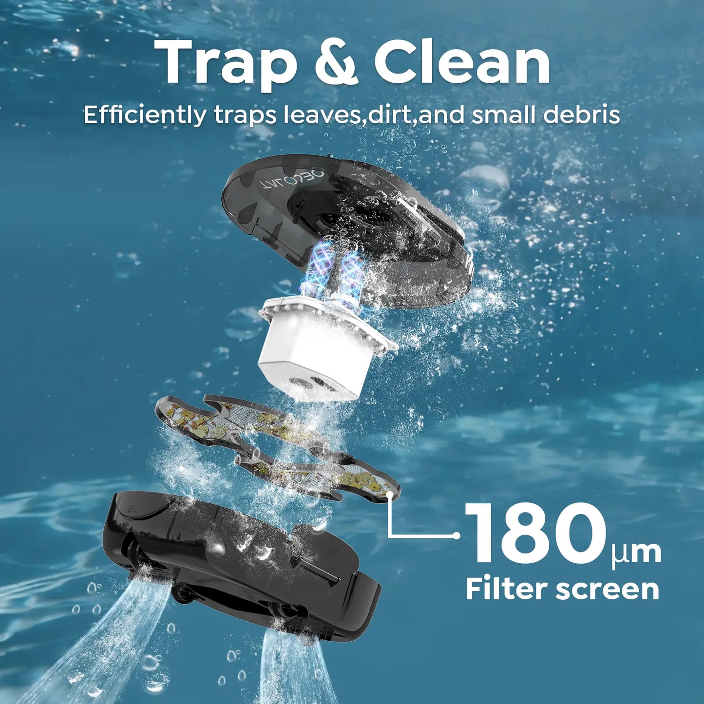 pool cleaner device with filter screen on a blue water background, showing filtration process.