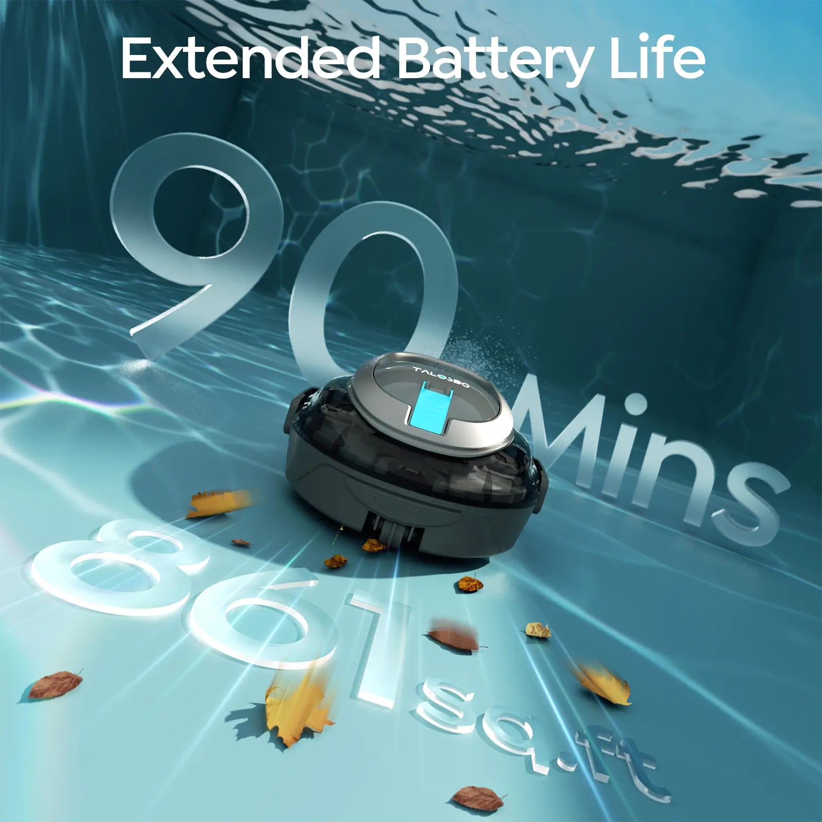 Robotic vacuum cleaner on water with 'Extended Battery Life' text and underwater view.