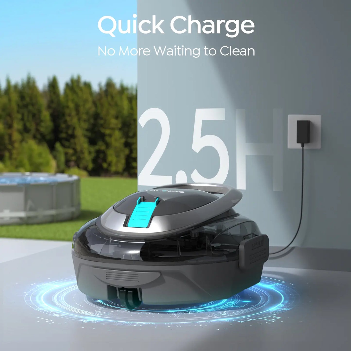 Robotic vacuum cleaner with quick charge feature displayed outdoors.