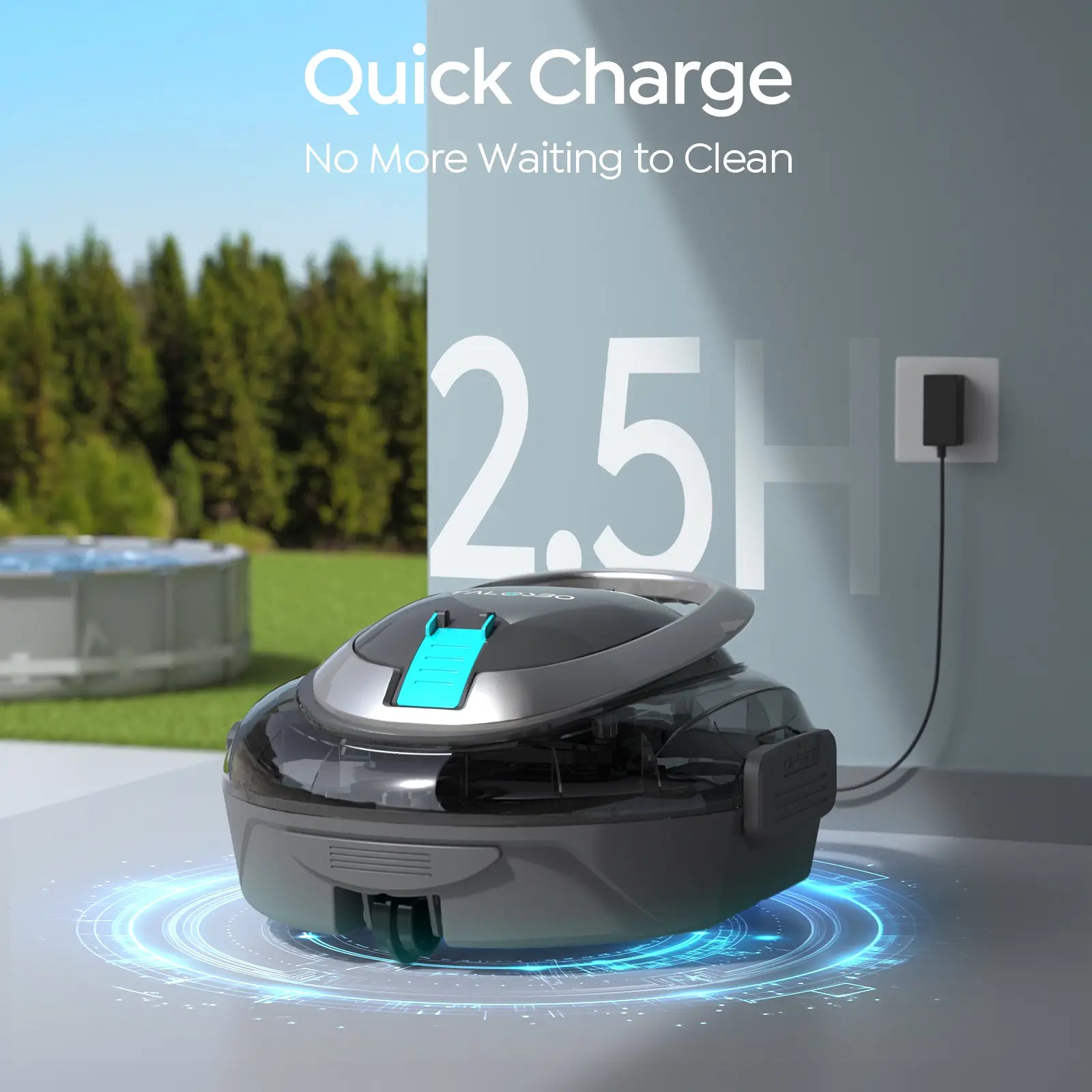 Robotic vacuum cleaner with quick charge feature displayed outdoors.