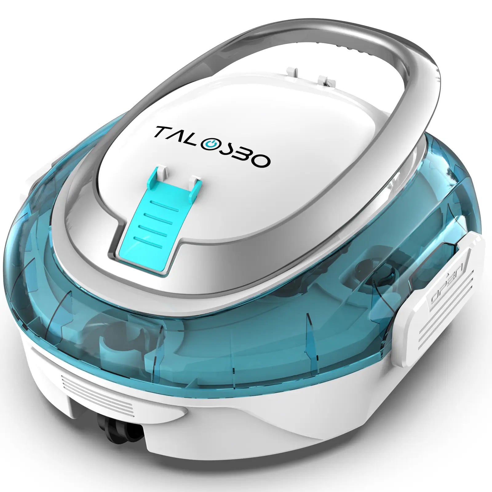 Robotic vacuum cleaner with blue and white design on a white background