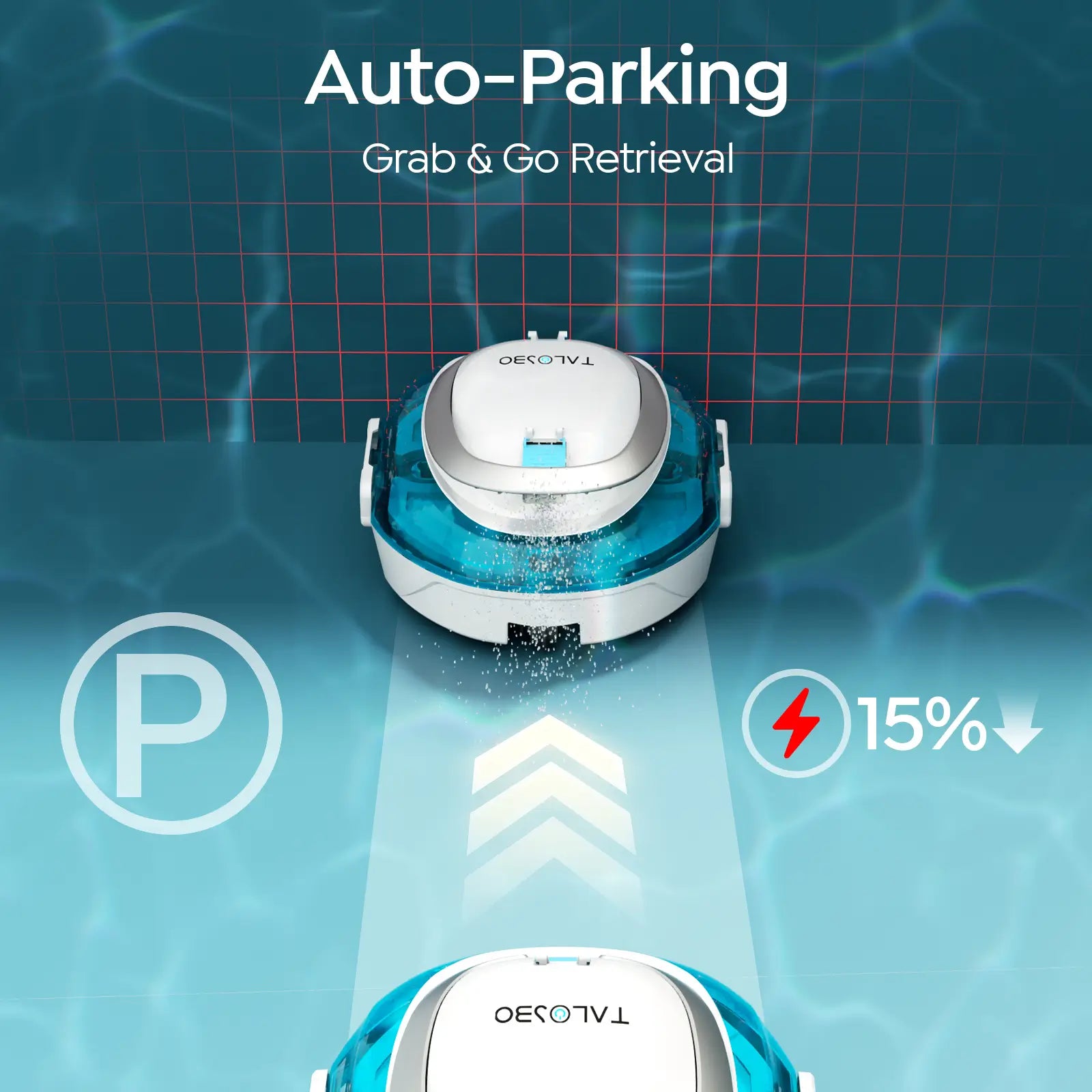 Robotic pool cleaner with auto-parking feature on a pool background