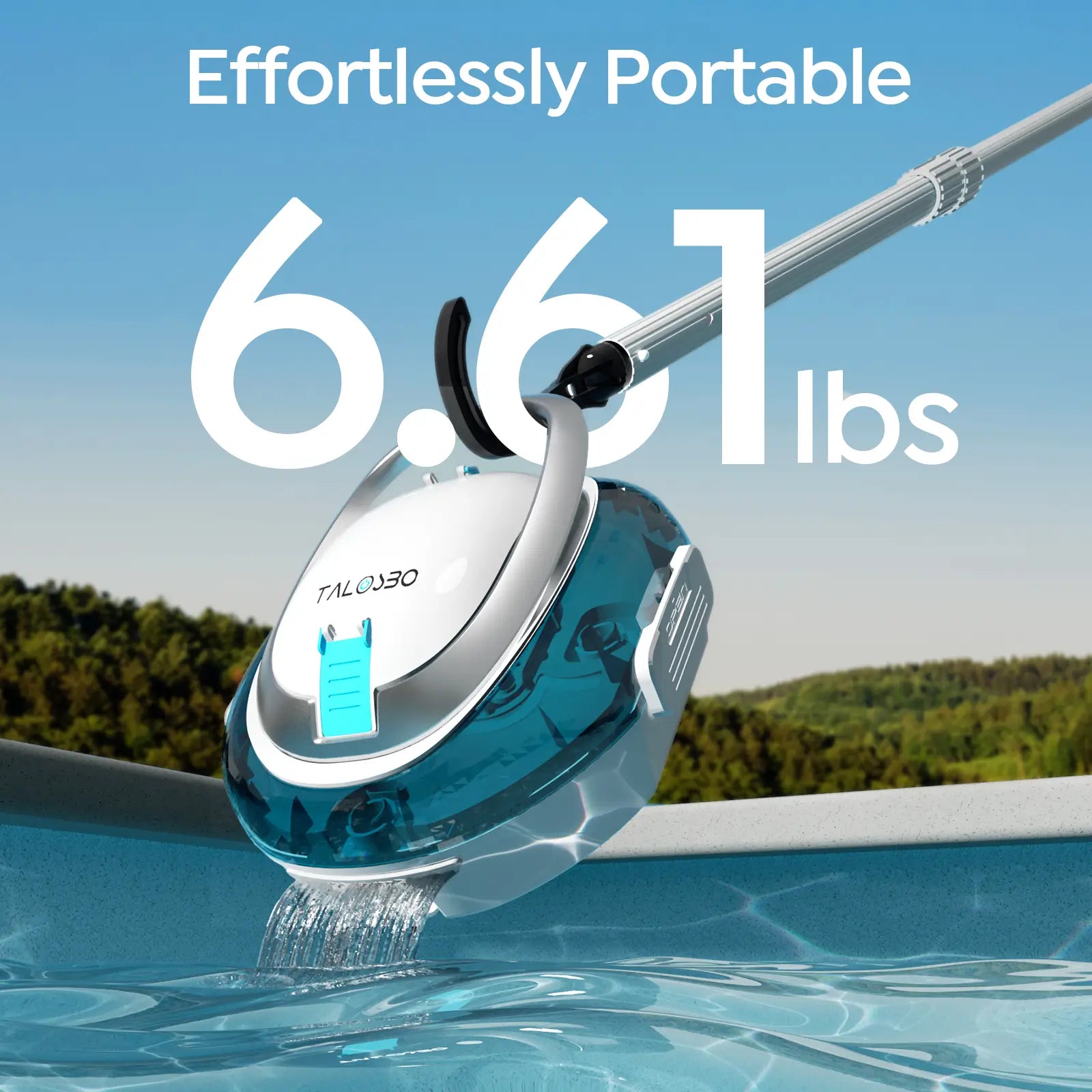 Robotic pool cleaner on a pool with text indicating weight and brand