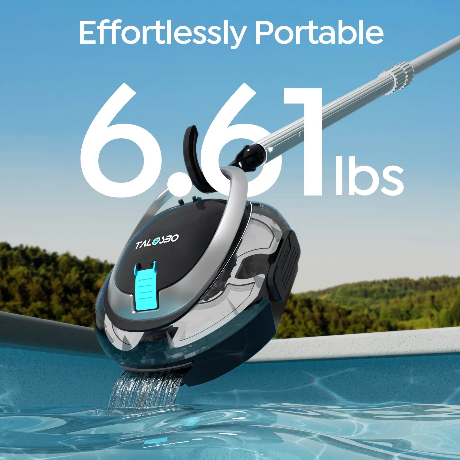 Robotic pool cleaner on a pool with 'Talosbo' branding and weight information displayed.
